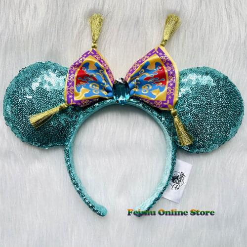Disney Aladdin Movie Magic Carpet Headband Jasmine Mickey Ears Disneyland Cartoon Tassel Mint Green Gem Headwear Decoration Gift