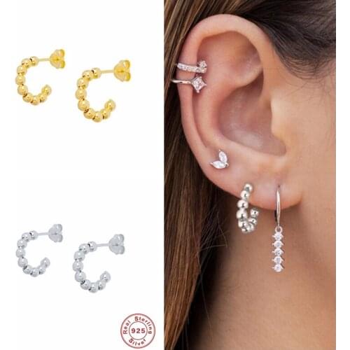 GS 925 Sterling Silver Gold Hoop Earrings For Women C Shape Half Circle Beads Piercing Huggie Earring Party Fine Jewelry Gift