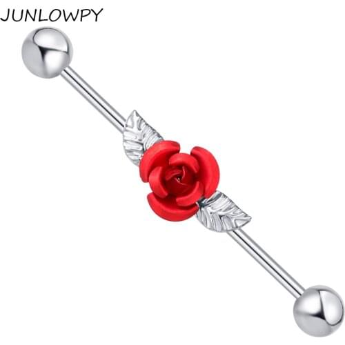 JUNLOWPY Red Rose with Leaves Industrial Piercing Cartilage Barbells 14g Surgical Steel Ear Bar Sexy Body Earring Jewelry 20pcs