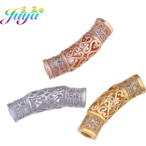 Juya DIY Gold/Rose Gold Micro Pave Zircon Metal Curved Tube Beads For Handmade Natural Stones Pearls Jewelry Making