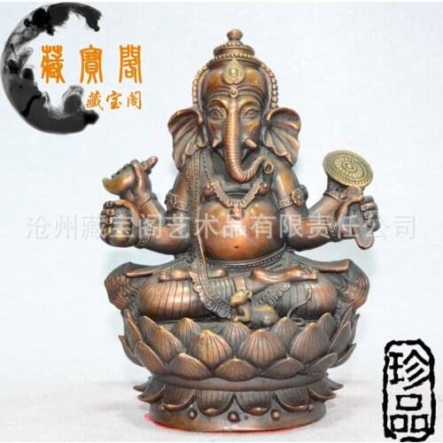 Chinese Religious Exquisite Tibetan Buddhism Handwork Copper Wealth Lucky Elephant God Sit Lotus Statue