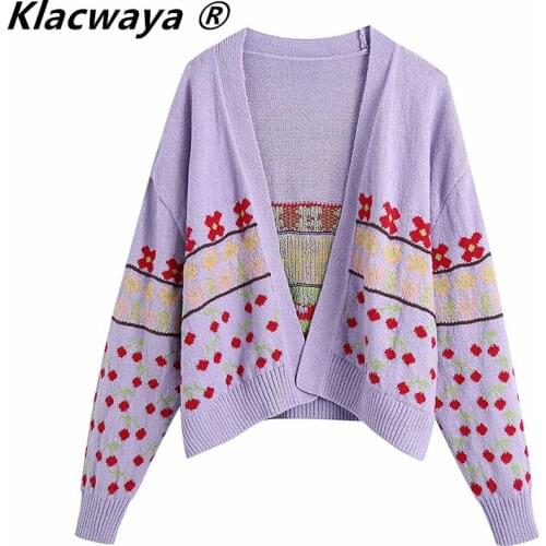Klacwaya 2021 New Women Sweet Cherry Print Open Stitching Knitted Sweater Female Chic Color Match Patchwork Loose Cardigans Tops