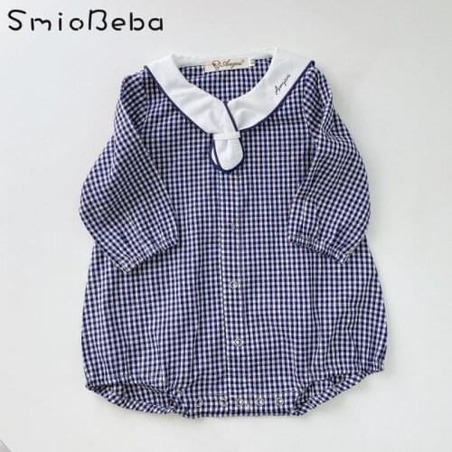 Baby Girls Plaid Letter Jumpsuit With Fake Tie Stitching Black And White Newborn 6-12 Months Newborn Rompers Kids Clothes Japan