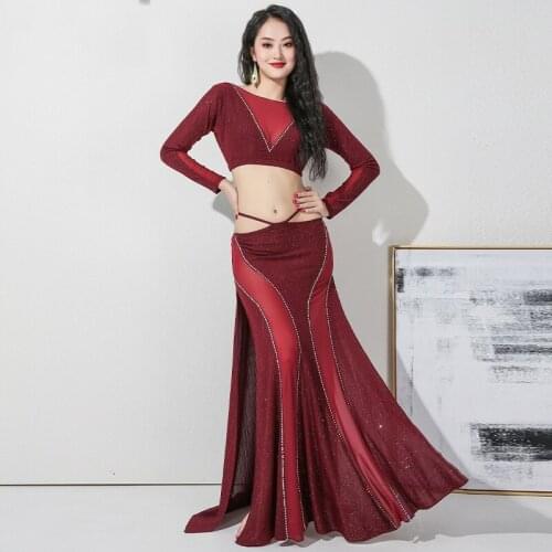 Belly Dance Set Mesh Stitching Top Long Sleeve Split Skirt Practice Clothes Female Adult High-End Suit Performance Clothing