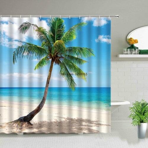 Landscape Shower Curtains Beach Hammock Palm Tree Sea Turtle Ocean Scenery Waterproof Bathroom Decor Bath Curtain Sets With Hook