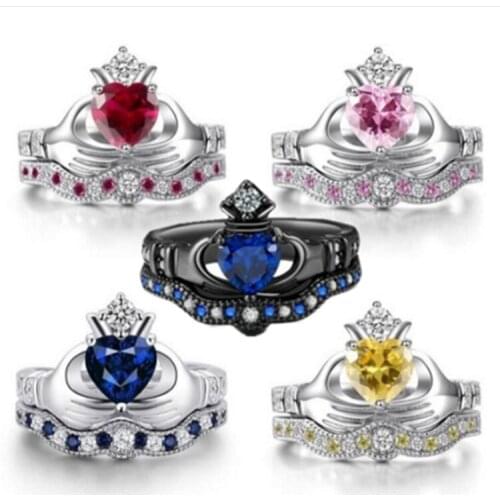 Gu Li Hot Sale Hand Holding Blue Crystal Heart-Shaped Crown Ring Set For Women For Engagement Party Wedding Jewelry Accessories