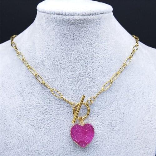 Stainless Steel Pink Natural Stone Pendant Necklace for Women/Men Gold Color Necklaces Chain Jewelry collar choker ND58S04