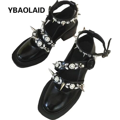 New Fashion Pure Color Shallow Mouth Pearl Rhinestone Rivet Decorated One-word Buckle Belt Thick Heel Womens Single Shoes
