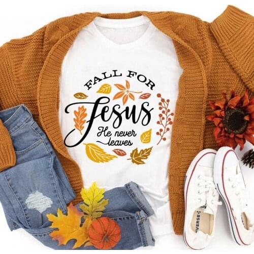 Casual Women Christian Tee Shirt Top Colored Fall For Jesus He Never Leaves T-shirt Retro Hello Autumn Thanksgiving Tshirt
