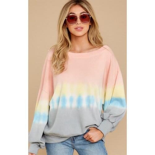 Casual Womens Autumn Hoodies Sportshirt Fashion Print Round Neck Long Sleeves Batwing Sleeves Gradients Pullover Loose New Tops