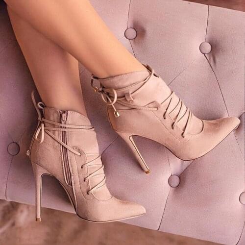 Autumn Winter Nude Lace-Up Boots Pointed Toe High Heel Boots Sexy Cross Tied Ankle Boots For Woman Socks Women Pumps