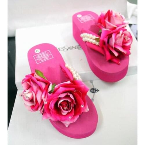 Special Design High Quality Women Casual Wear Flip Flops Rose flower Wedges Slip-on Summer Handmade Beautiful Shoes Cozy slippe