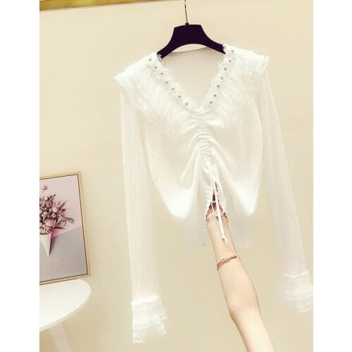 2020 Autumn New Sweet Sweater for Womens Drawstring Lace Stitching Ruffles V-neck Woolen Sweaters Womens Knit Bottom Shirt Top