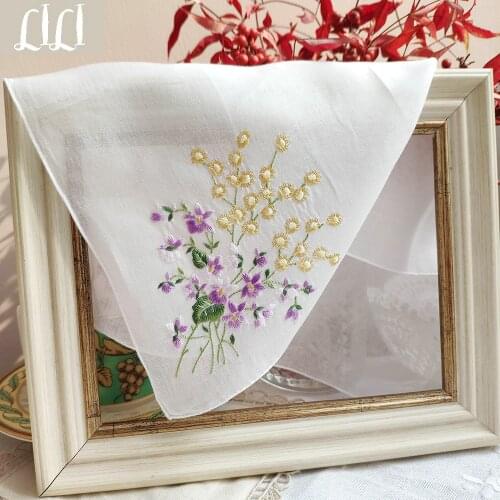 Embroidery BY Hand 100% Cotton Handicraft Gift Purple flowers Handkerchief