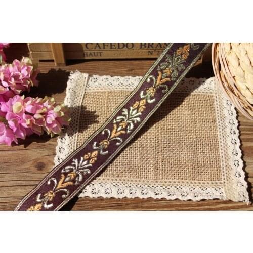 34mm wide 8yards Polyester folk style Geometric style gold thread in brown Woven Jacquard Ribbon