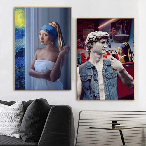 The Pearl Girl in Bathrobe and the Cowboy David Canvas Painting Creativity Wall Art Posters For Living Room Home Decor Cuadros
