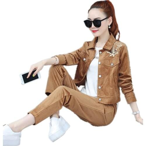 Trending Products 2020 Women clothing Corduroy jacket suit autumn Leisure 2 piece set High quality Fashion female clothing 1573