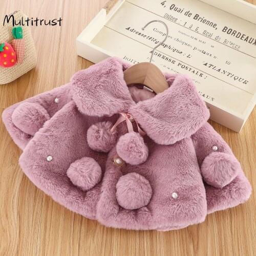 2020 Winter Baby Girls Wool Coats Solid Balls Long Sleeve Turn Down Fur Collars Warm Princess Outwear 4 Colors