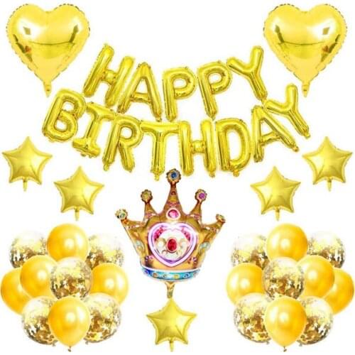 Gold Birthday Party Decoration,Gold Happy Birthday Banner,Gold Diamond Crown Balloon, Heart Star Foil Confetti Balloons