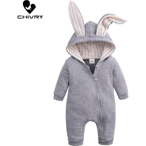 2020 Baby Boys Girls Autumn Rompers Long Sleeve Cute Rabbit Ears Hooded Solid Zipper Jumpsuit Newborn Playsuit Infant Clothing