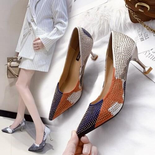 2021 spring new color water drill high heels womens fine heel pointy single shoe network red fashion sexy shoes