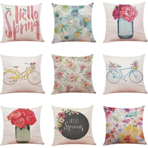 45*45cm Soft Comfortable Home Decor Cushion Cover Hello Spring Bike Flower Vase Sofa Throw Pillow Case for Home Office Car Cafe