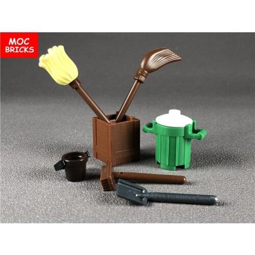 5sets/lot MOC Bricks DIY cleaning 7pcs set Tool box ,Mop, shovel, broom,trush can Building Blocks Assembled Toys children gifts