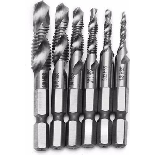 6pcs 1/8 - 3/8 Inch BSW Thread HSS Combination Drill Tap Bit Set 1/4 Inch Hex Shank Deburr Countersink Bits High Quality