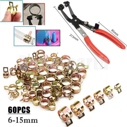 60PCS 6-15mm Car & Truck Spring Clips Fuel Oil Water Hose Clip Pipe Clamp Fastener Cooling Systems Parts +1PC Hose Clamp Pliers