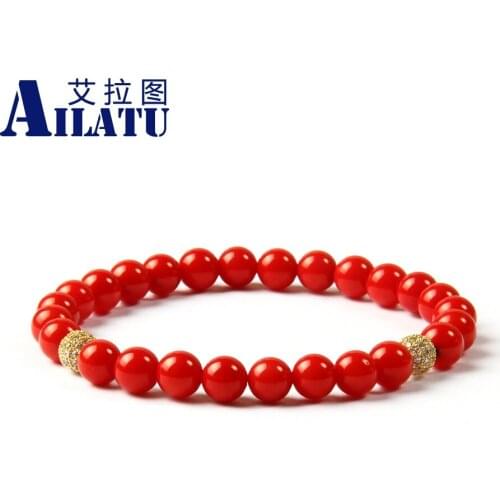 Ailatu Brand Jewelry 10 Pieces Wholesale 6mm A Grade Dyed Red Coral Stone Clear Cz Pave Ball Beaded Bracelet for Girl Gift