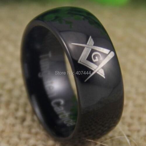Free Shipping YGK JEWELRY Hot Sales 8MM Freemason Masonic Master Shiny Black Dome Mens Tungsten Wedding Ring