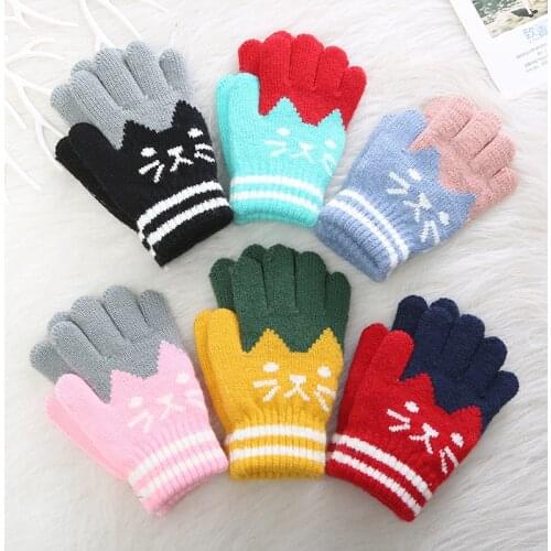 New Children Kids Winter Warm Thicken Patchwork Gloves Cute Cat Mittens Imitation Cashmere Finger Gloves For 4-8Y