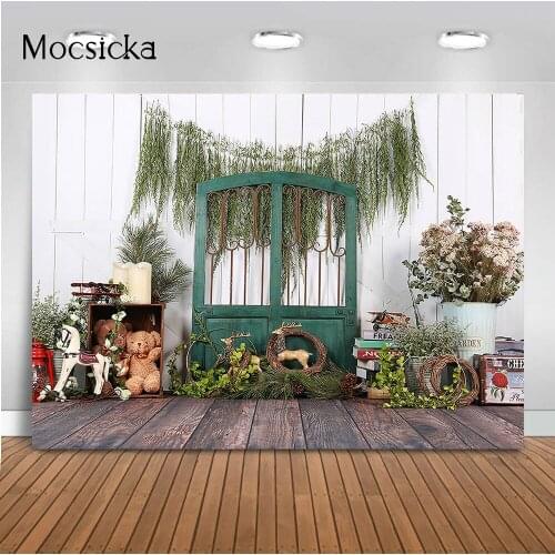 Rustic Wooden Door Newborn Baby Photography Backdrop Wood Floor Spring Flowers Photo Background Kids Christmas Photoshoot