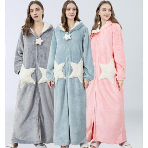 Lovers Winter Robe Soft Lovely Thick Nightdress Women Sleeprobe Flannel Robes Men Zipper Long Nightgown Sleepwear Bathrobe