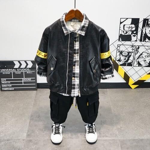 Children Clothing Autumn Winter Casual Baby Boys PU Leather Jacket+Plus Velvet Shirts +Thick Pants Outfit Kids Boys Clothes Sets