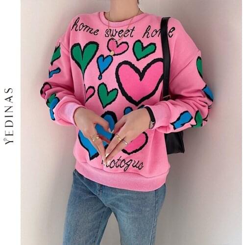 Yedinas Sweet Sweater Women Knitted Sweaters 2020 Fashion Harajuku Female Pullover Korean Style Jumper Love Embroidery Knit Top