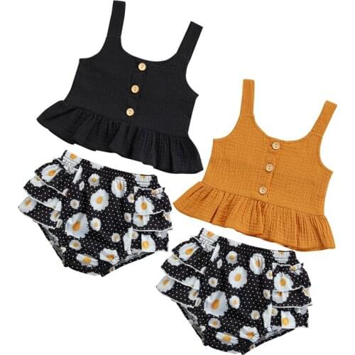 Fashion Kids Tracksuit Summer Solid Color Button-Open Frilly Tank Top + Flower Layered Pantie Children Girls 6 Months to 4 Year