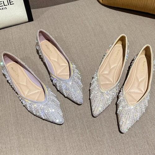 String Bead moccasins femme ballerina shallow slip on loafers pointed toe sneakers women ins shoes pearl rhinestones flats woman