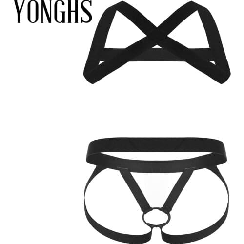 Mens Crotchless Lingerie Set Sexy Erotic Costume X-Shape Back Elastic Shoulder Chest Muscle Harness Belt with O-ring Jockstrap