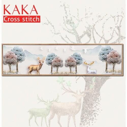 KAKA Cross stitch kits,5D Elk Forest Scenery,Embroidery needlework sets with printed pattern,11CT canvas,Home Decor Painting