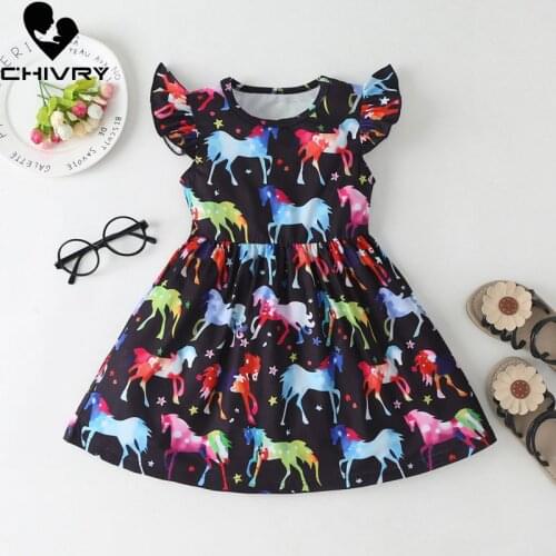 New 2020 Summer Dresses Baby Girls Unicorn Print Short Sleeve O-neck A-line Sundress Summer Princess Dresses for Little Girls