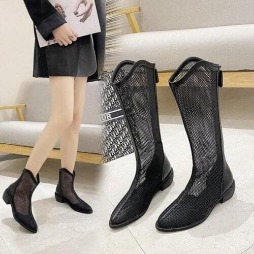 2021 New Fashion Women Knee High Sandals Boots Mid Heel Woman Sexy Mesh Gladiator Summer Boot Hollow Out Black Shoes For Female