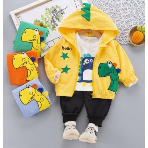 Autumn 3pcs/set Baby Boy Girl Clothes Cartoon Dinosaur Hooded Coat+T Shirt+Pant Kid Sport Suit for Children Clothing Tracksuit