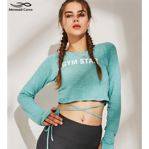 Mermaid Curve Sexy Waistband Yoga shirt Women Fitness Long Sleeves Workout Gym crop top yoga top with Thumb Holes Sports t-shirt