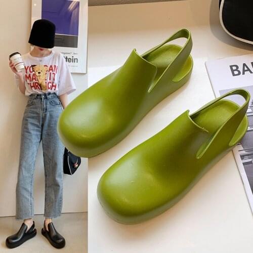 Green Womens Sandals 2021 New Round Toe Solid Shoes Woman Runway Mule Slingbacks Summer Flats Zapatos De Mujer