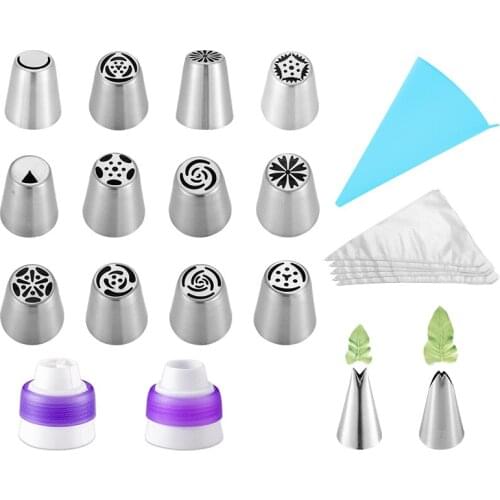 27pcs Russian Pastry Tips Set Silicone Cream Pastry Bag Disposable Piping Bag Icing Tools Coupler Cupcake Decorating Baking Tool