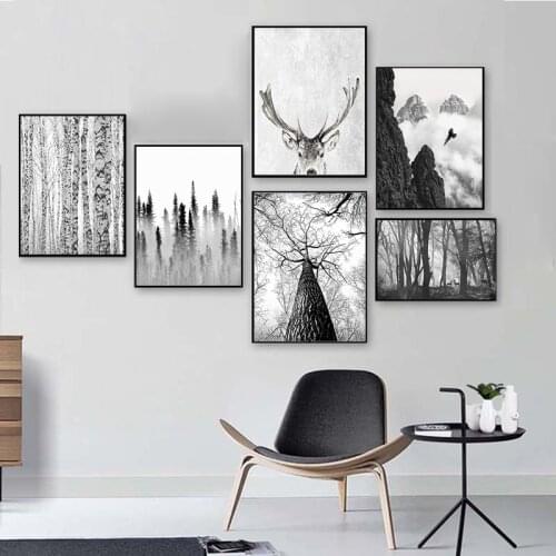 Scandinavian Forest Deer Eagle Black White Landscape Canvas Poster Nordic Wall Art Print Minimalist Painting Living Room Picture