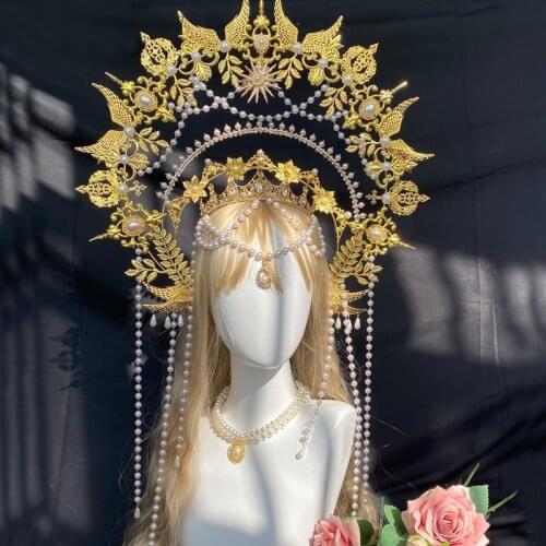 Sun Goddess Angel KC Halo Crown Headpiece Queen Anna Baroque Pearl Tiara Headband Lolita Collection Gothic Accessories