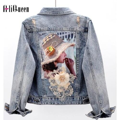 Spring Autumn Woman Vintage Pearl Diamond Floral Embroidered Handmade Denim Jackets Coats and Women Loose Short Jeans Plus Size