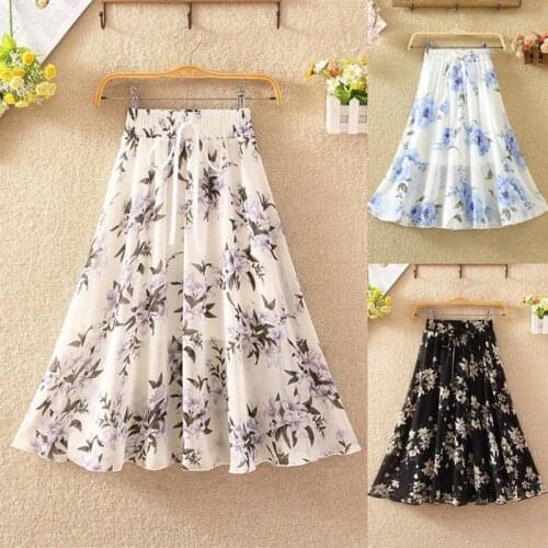 Spring and Summer Chiffon Mid Long Skirt Slim Floral Womens Skirt Elastic Waist Slim Skirt Large Swing Skirt A-line Skirt Women